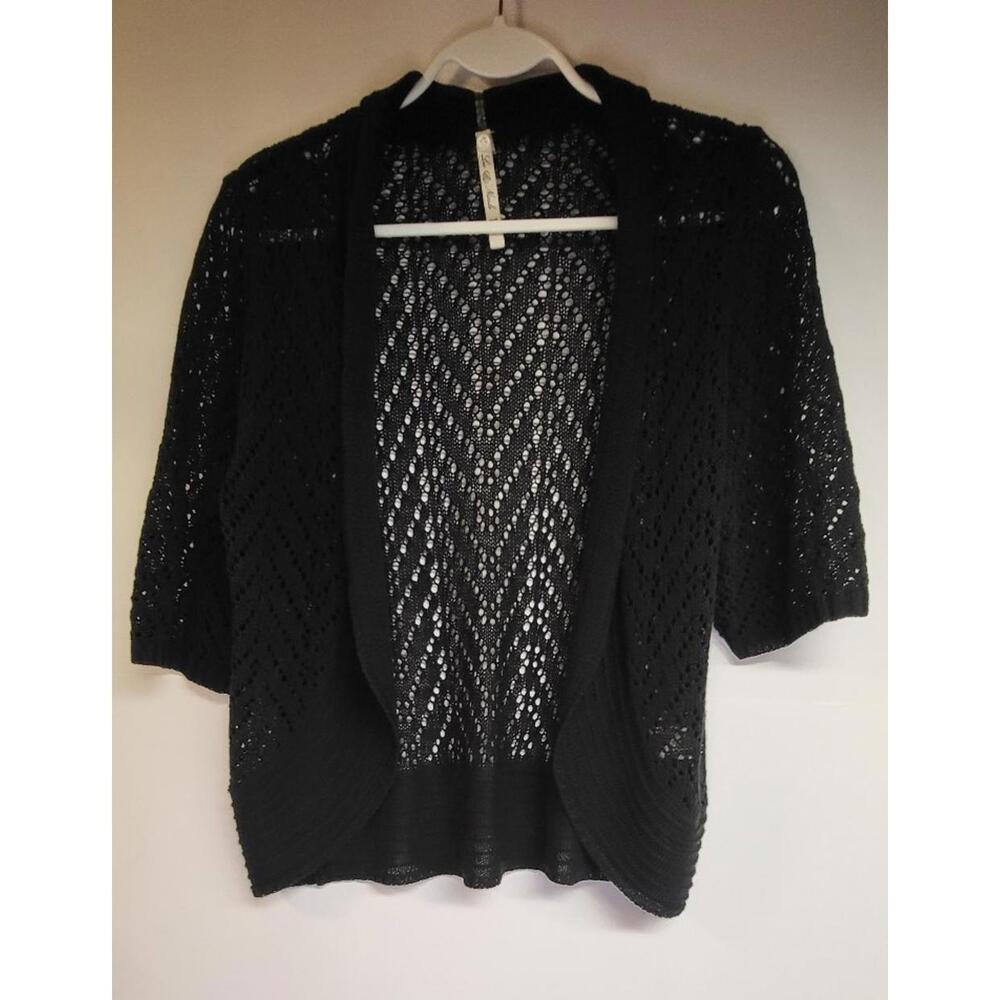 LEO & NICOLE women's black open crochet  cardigan quarter sleeve Medium